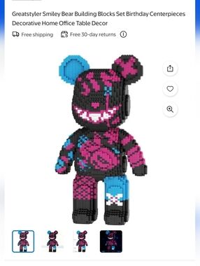 Smiley Bear Pixel Building Toy - Black, Pink & Blue